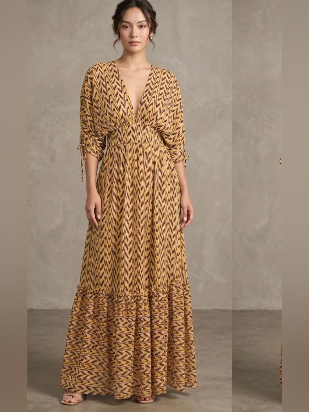 Fashion Nova Mustard & Brown Zigzag Maxi Dress Size Large NWT